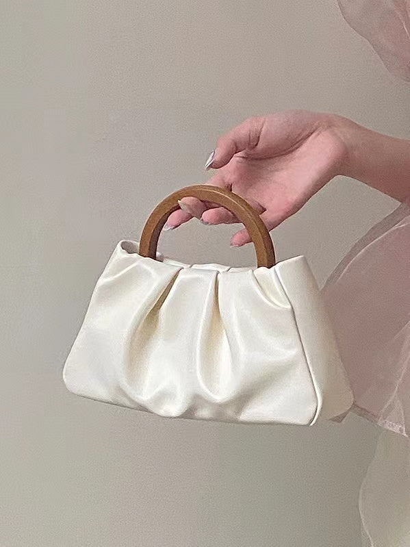 Pleated Cloud Small Tote Bag With Wooden Handle - PAINEVIDA