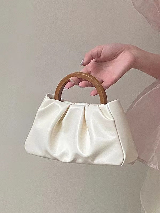 Pleated Cloud Small Tote Bag With Wooden Handle