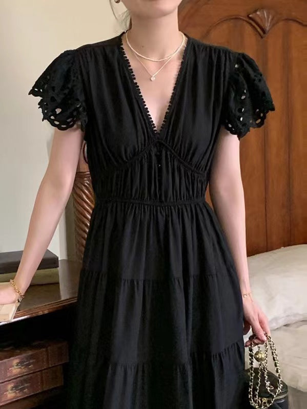 Elegant Hollow Lace V-Neck Long Dress - PAINEVIDA