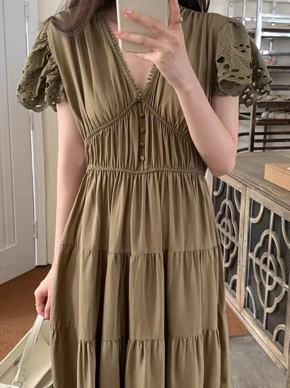 Elegant Hollow Lace V-Neck Long Dress - PAINEVIDA