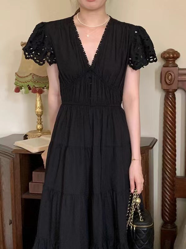 Elegant Hollow Lace V-Neck Long Dress - PAINEVIDA