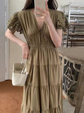 Elegant Hollow Lace V-Neck Long Dress - PAINEVIDA