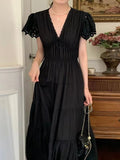 Elegant Hollow Lace V-Neck Long Dress - PAINEVIDA