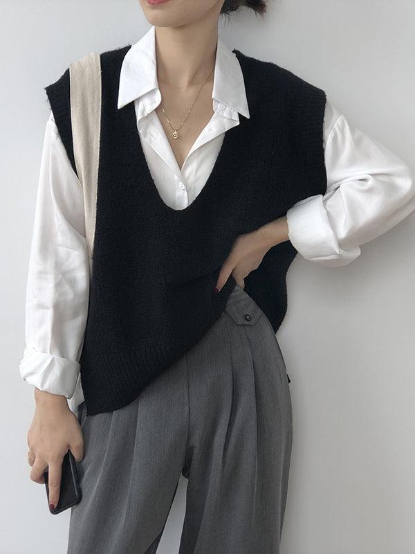 Knitting Irregularity Solid V-Neck Vest by painevida