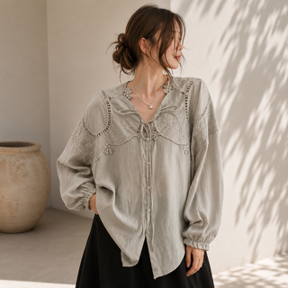 Hollow-Out Floral Lace Patchwork Shirt - PAINEVIDA