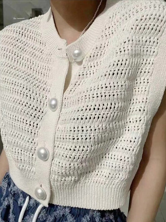 Pearl Button Hollow Jacquard Sleeveless Knitted Vest - PAINEVIDA