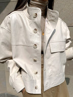 Vintage Stand Collar Loose PU Leather Motorcycle Jacket - PAINEVIDA