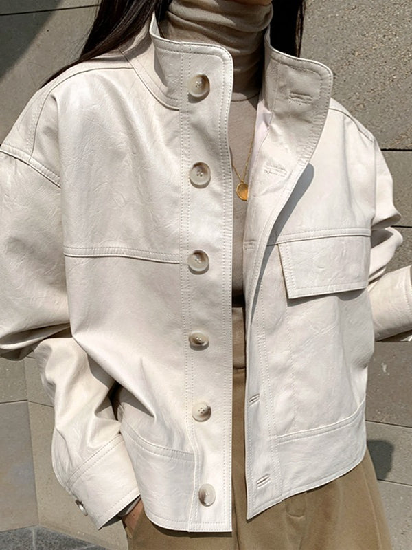Vintage Stand Collar Loose PU Leather Motorcycle Jacket - PAINEVIDA