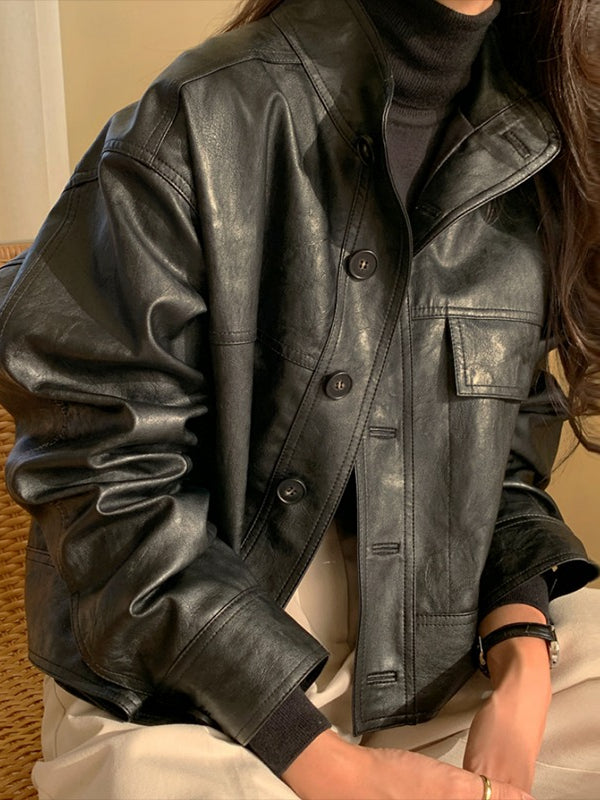Vintage Stand Collar Loose PU Leather Motorcycle Jacket - PAINEVIDA