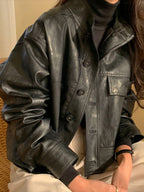 Vintage Stand Collar Loose PU Leather Motorcycle Jacket - PAINEVIDA