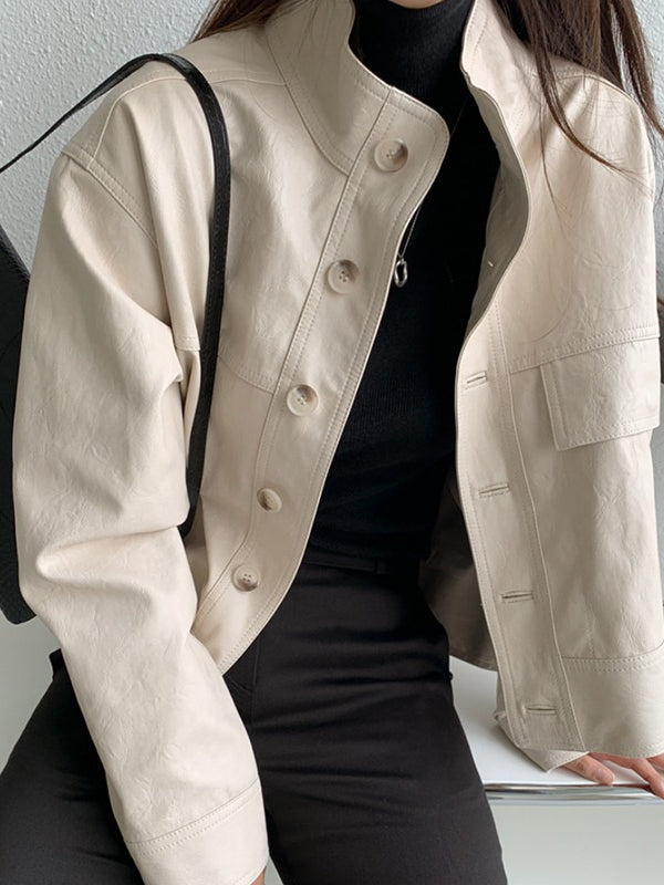 Vintage Stand Collar Loose PU Leather Motorcycle Jacket - PAINEVIDA