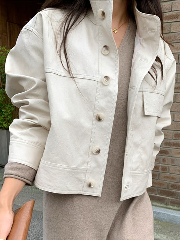 Vintage Stand Collar Loose PU Leather Motorcycle Jacket - PAINEVIDA