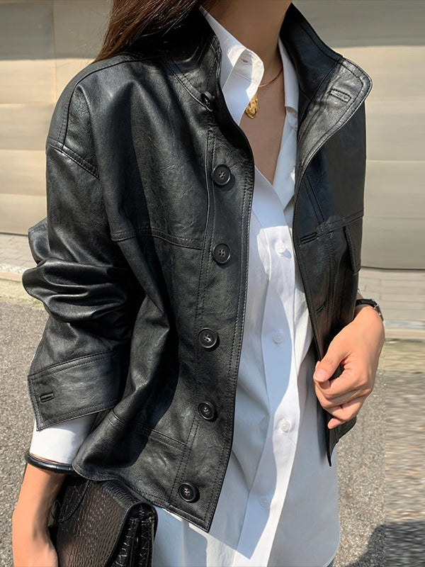 Vintage Stand Collar Loose PU Leather Motorcycle Jacket - PAINEVIDA