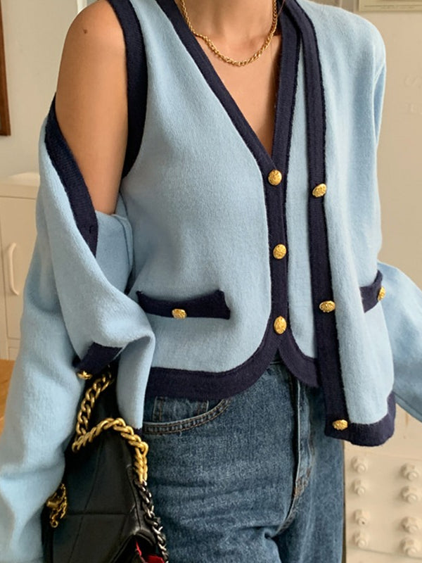 Retro Blue V-neck Vest&Long-sleeved Cardigan