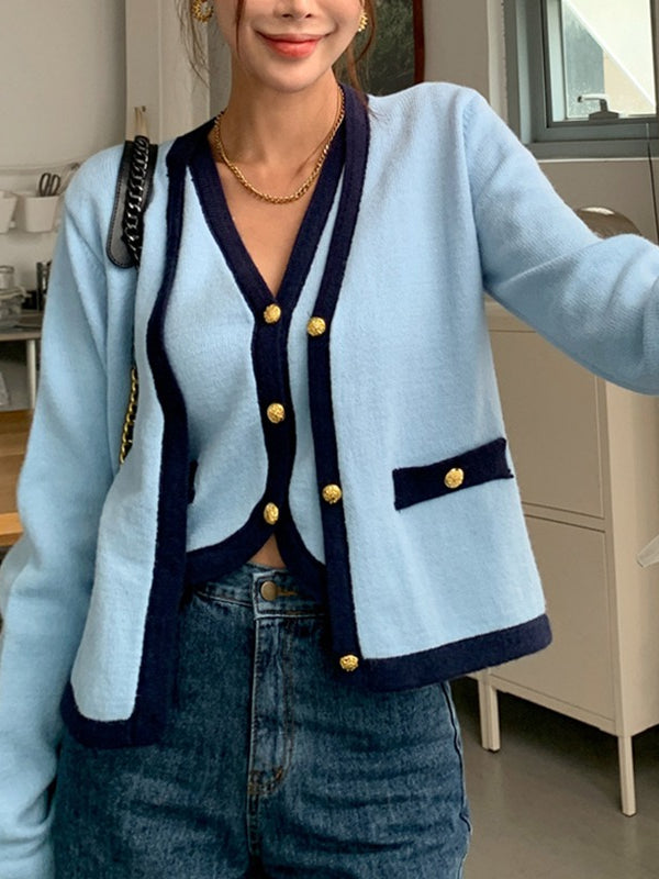 Retro Blue V-neck Vest&Long-sleeved Cardigan