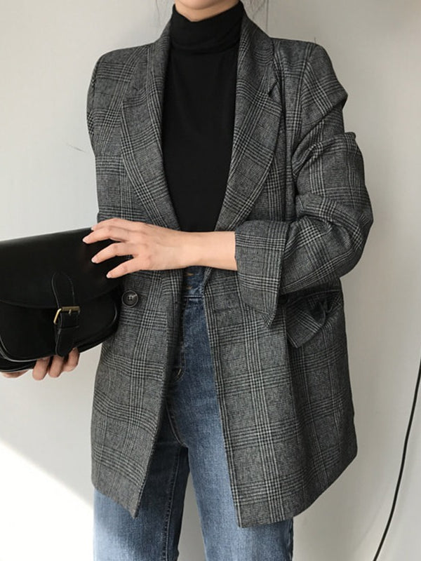 Retro Plaid Lapel Pocket Blazer - PAINEVIDA