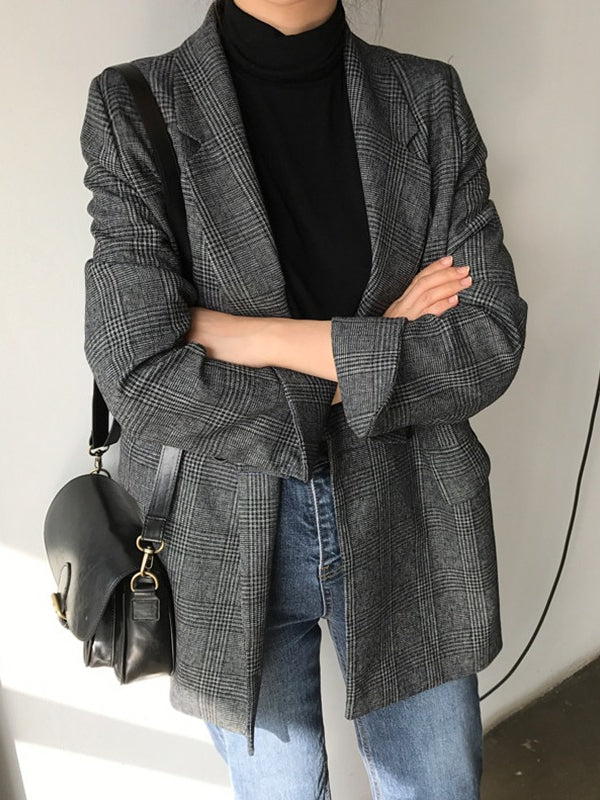 Retro Plaid Lapel Pocket Blazer - PAINEVIDA