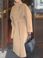 Retro Stand-up Collar Single-breasted Lace-up Woolen Coat - PAINEVIDA