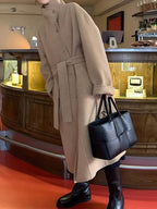 Retro Stand-up Collar Single-breasted Lace-up Woolen Coat - PAINEVIDA