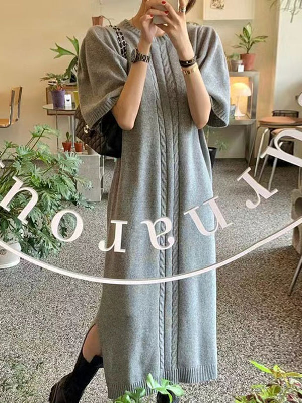 Vintage Textured Short Sleeves Long Slit Sweater Dress - PAINEVIDA