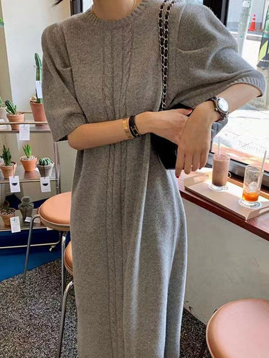 Vintage Textured Short Sleeves Long Slit Sweater Dress