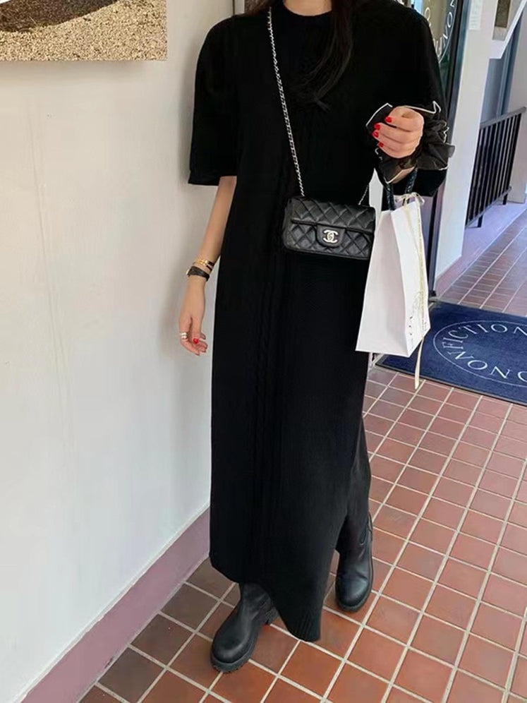 Vintage Textured Short Sleeves Long Slit Sweater Dress - PAINEVIDA