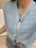 Pearl Button Hollow Jacquard Sleeveless Knitted Vest - PAINEVIDA