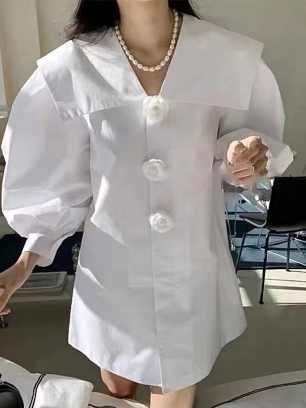 Navy Neck Flower Button Balloon Sleeve Shirt Dress - PAINEVIDA