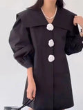 Navy Neck Flower Button Balloon Sleeve Shirt Dress - PAINEVIDA