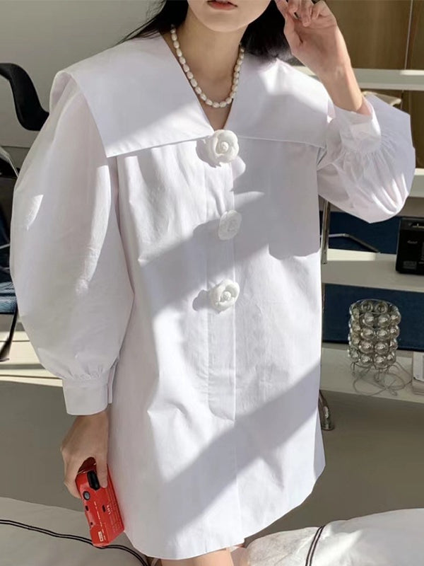 Navy Neck Flower Button Balloon Sleeve Shirt Dress - PAINEVIDA