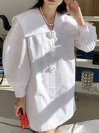 Navy Neck Flower Button Balloon Sleeve Shirt Dress - PAINEVIDA