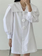 Navy Neck Flower Button Balloon Sleeve Shirt Dress - PAINEVIDA