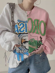 Retro Spit-joint Loose Letter Cartoon Print Sweatshirt