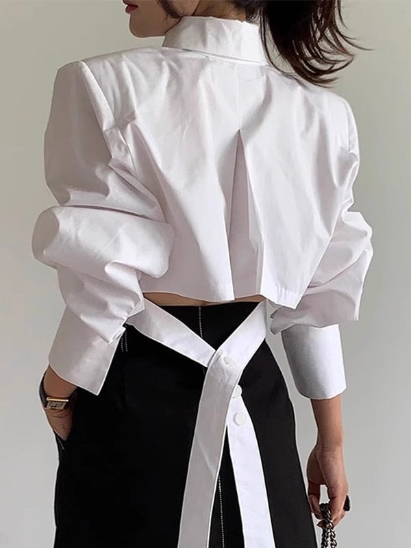 Cutout Back Tie Button Oversized Cropped Shirt - PAINEVIDA