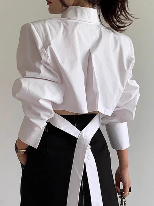 Cutout Back Tie Button Oversized Cropped Shirt - PAINEVIDA
