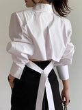 Cutout Back Tie Button Oversized Cropped Shirt - PAINEVIDA