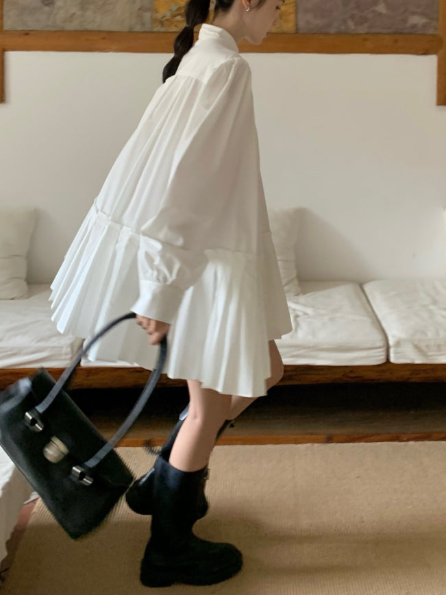 Retro A-line Pleated Preppy Shirt Dress - PAINEVIDA