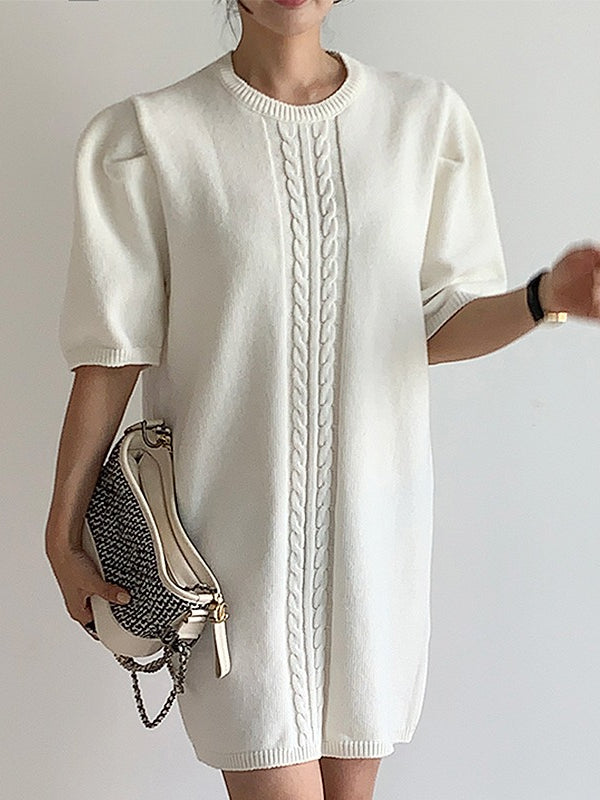 Elegant Short-sleeved Knitted White Short Dress - PAINEVIDA
