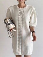 Elegant Short-sleeved Knitted White Short Dress - PAINEVIDA