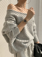 One-shoulder Loose Long-sleeved Knitted Sweater by painevida
