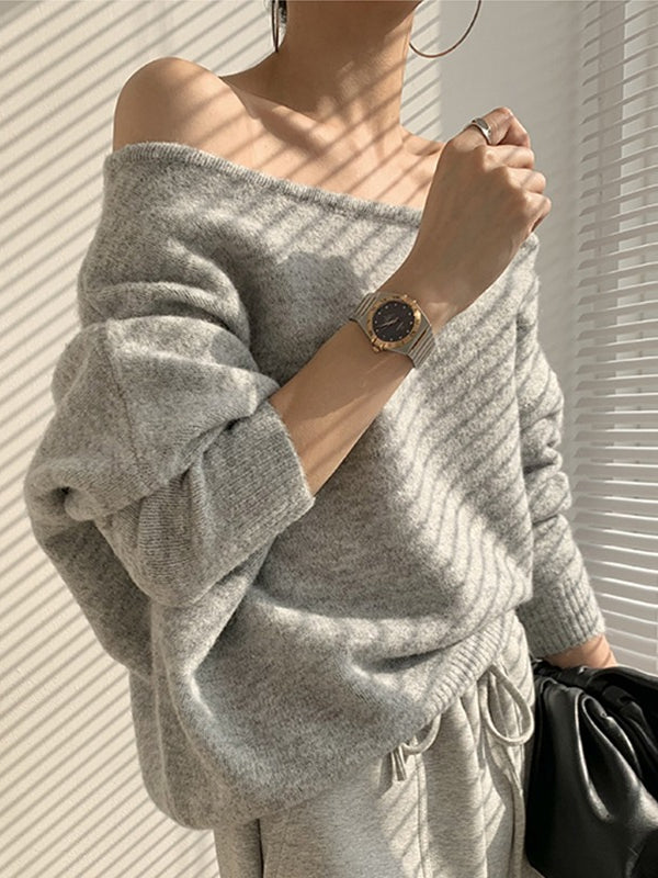 One-shoulder Loose Long-sleeved Knitted Sweater - PAINEVIDA