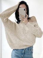 One-shoulder Loose Long-sleeved Knitted Sweater by painevida
