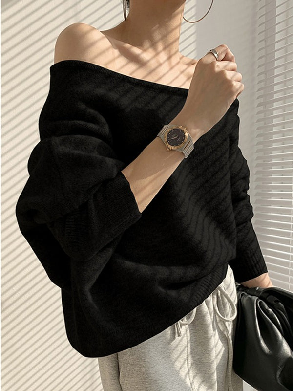 One-shoulder Loose Long-sleeved Knitted Sweater - PAINEVIDA