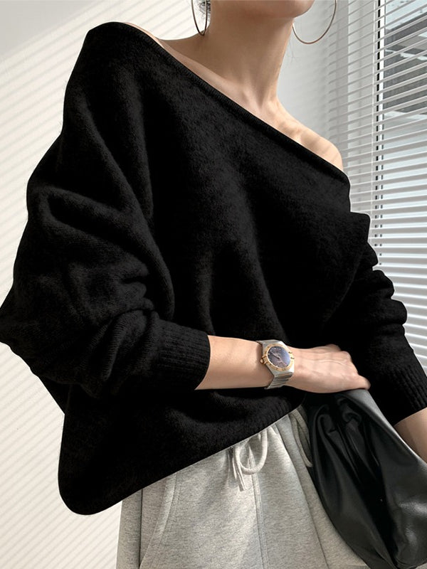 One-shoulder Loose Long-sleeved Knitted Sweater - PAINEVIDA