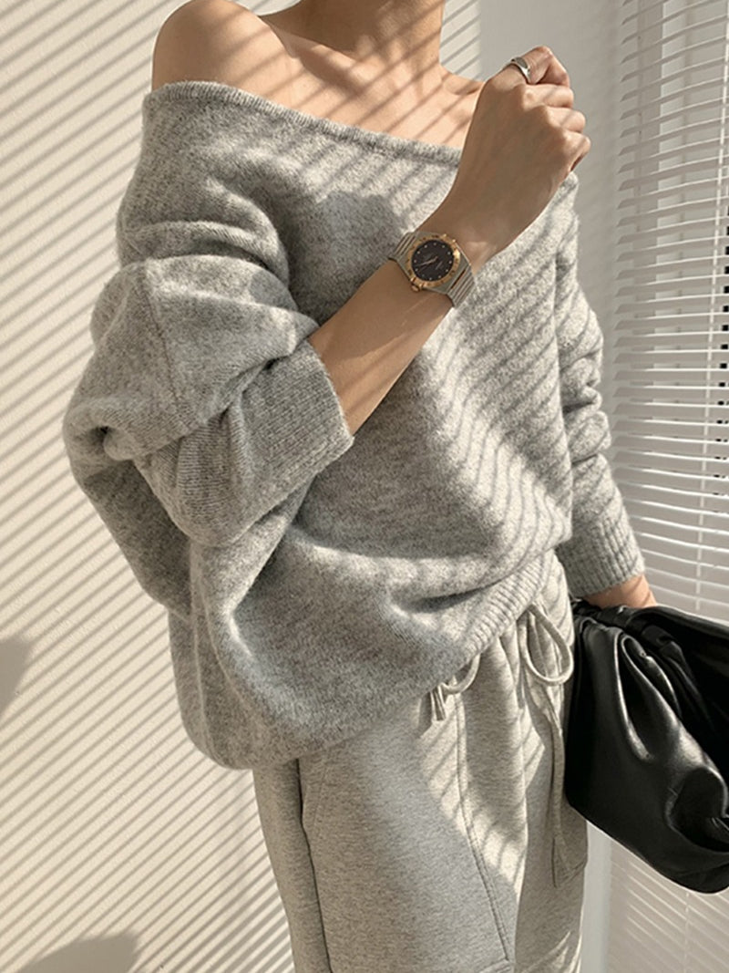 One-shoulder Loose Long-sleeved Knitted Sweater - PAINEVIDA
