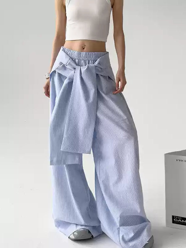 Loose Comfy Striped Lace-up Wide-leg Pants by painevida