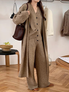 Buttons Casual Knitted Long Cardigan&Camisole&Pants 3 Pieces Suit