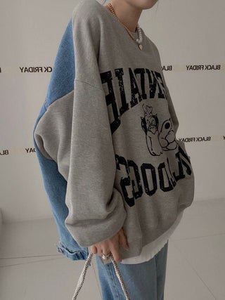 Letter Printed Loose Long Sleeve Denim Stitching Sweatshirt