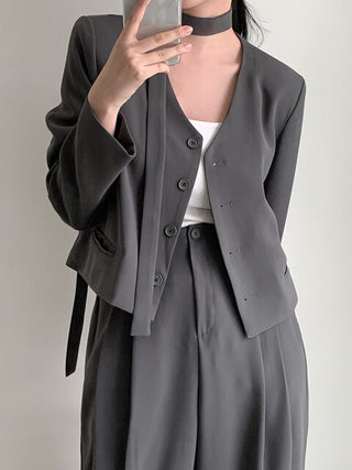 V-neck Blazer Jacket&Drape Casual Suits Pants 2 Pieces Set