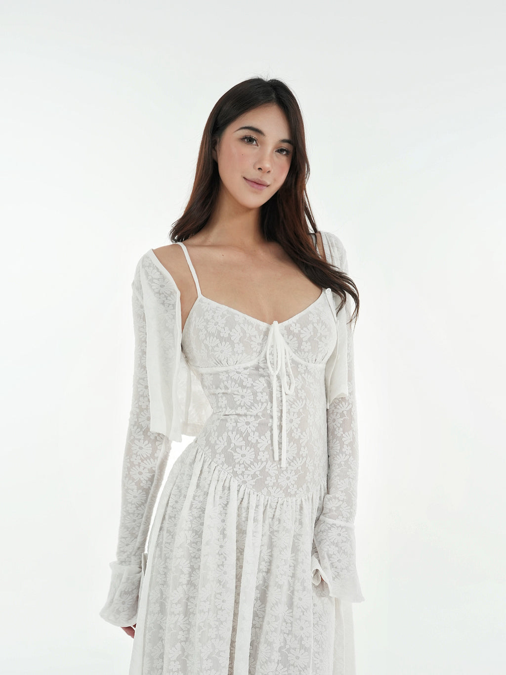 Lace Stretch Jacquard Sling Dress Cardigan Set